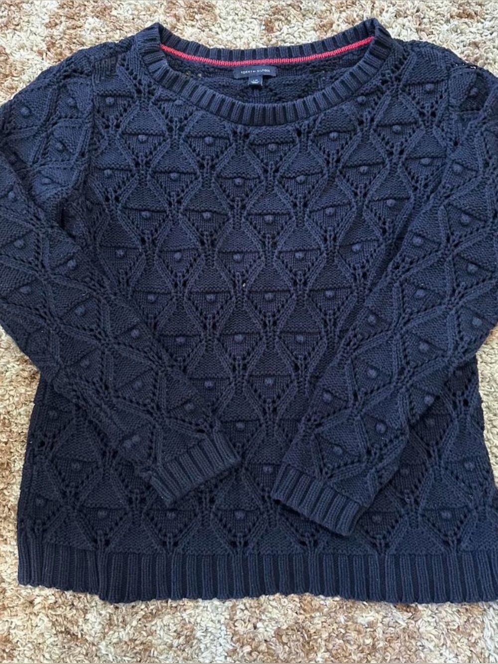 Tommy Hilfiger Navy Textured Crewneck Sweater with Subtle Red Trim